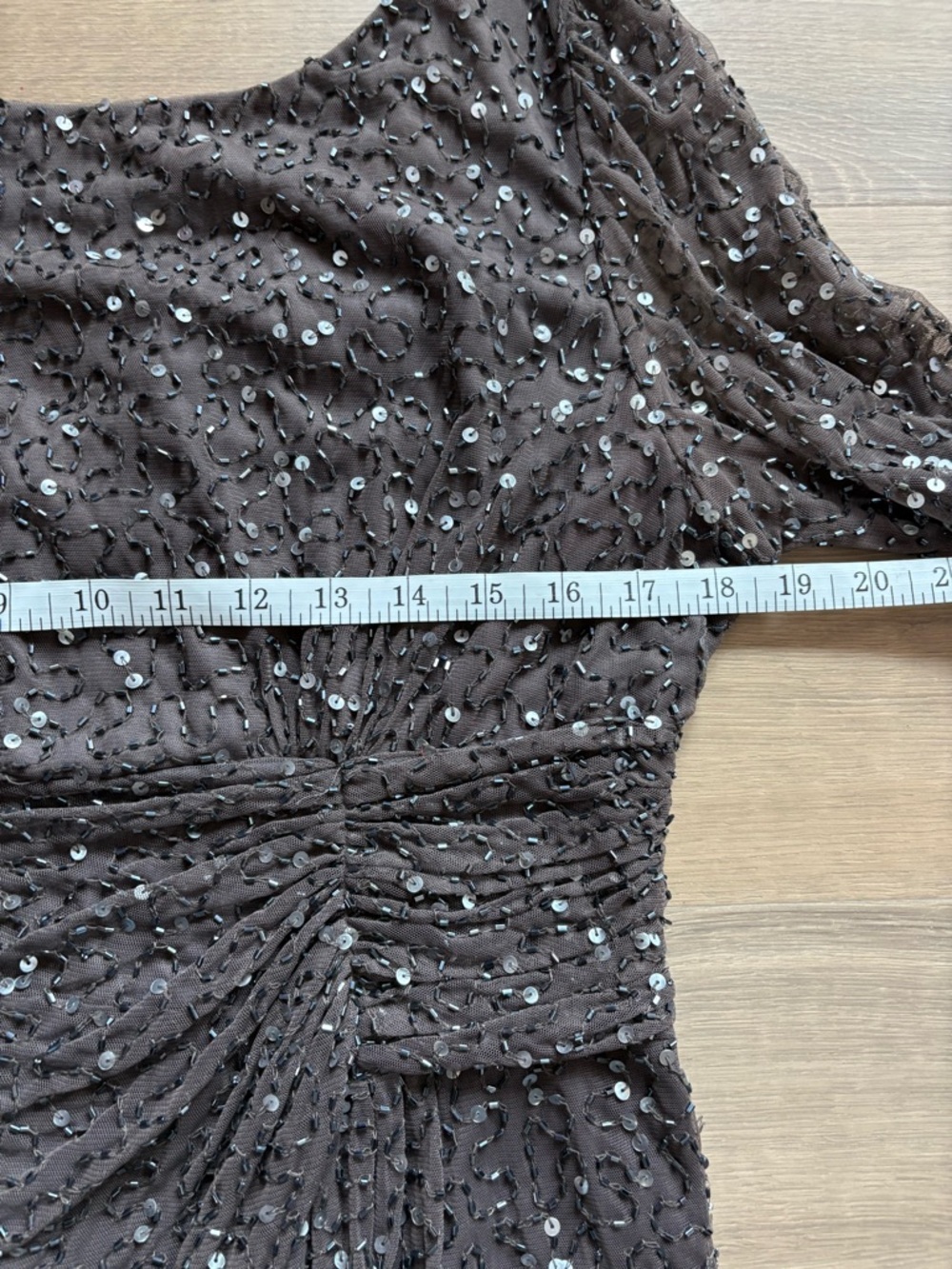 Elegant Long-Sleeve Cocktail Dress Brown Beaded and Sequin Embellished- size 12 - Picture 6 of 10